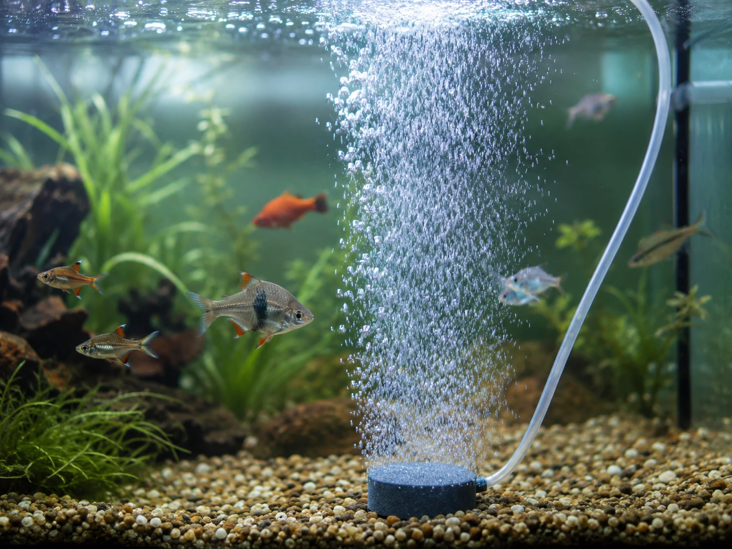 Air stone adding emergency aeration to a freshwater tank