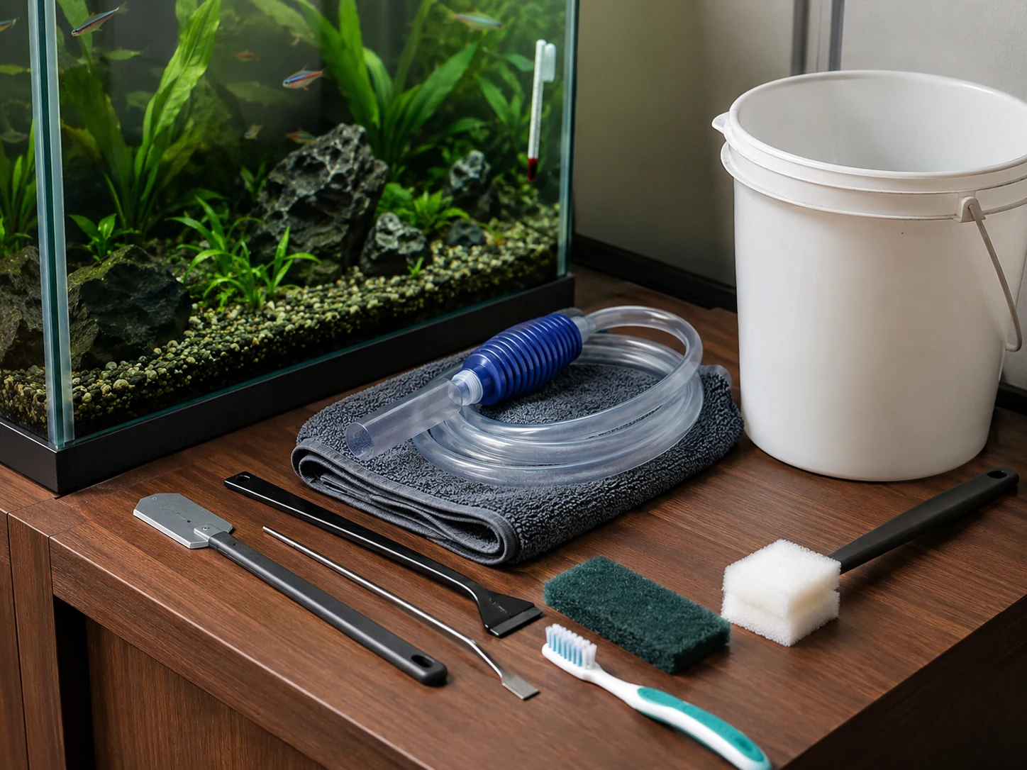 Aquarium algae scraper, toothbrush, siphon, and maintenance tools