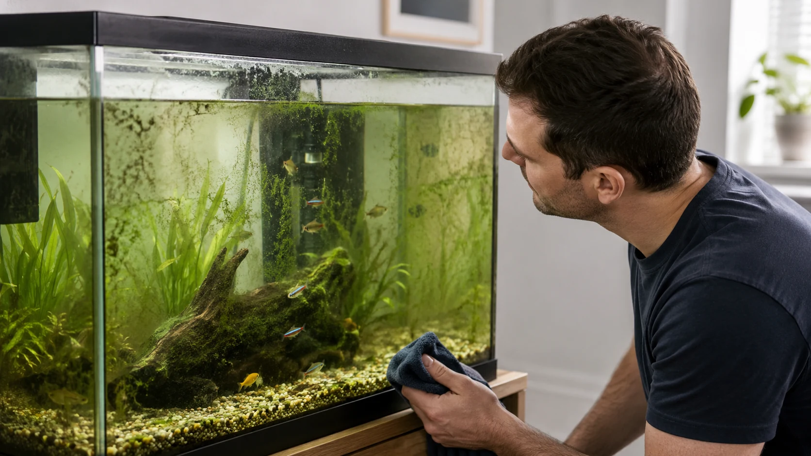 Freshwater aquarium with visible algae growth being inspected