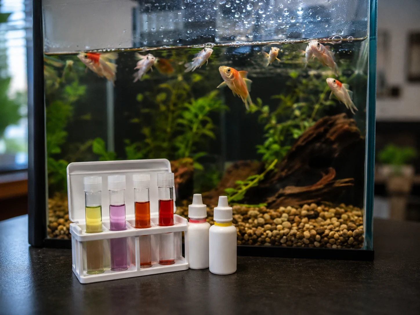 Ammonia and nitrite test kit beside a fish tank
