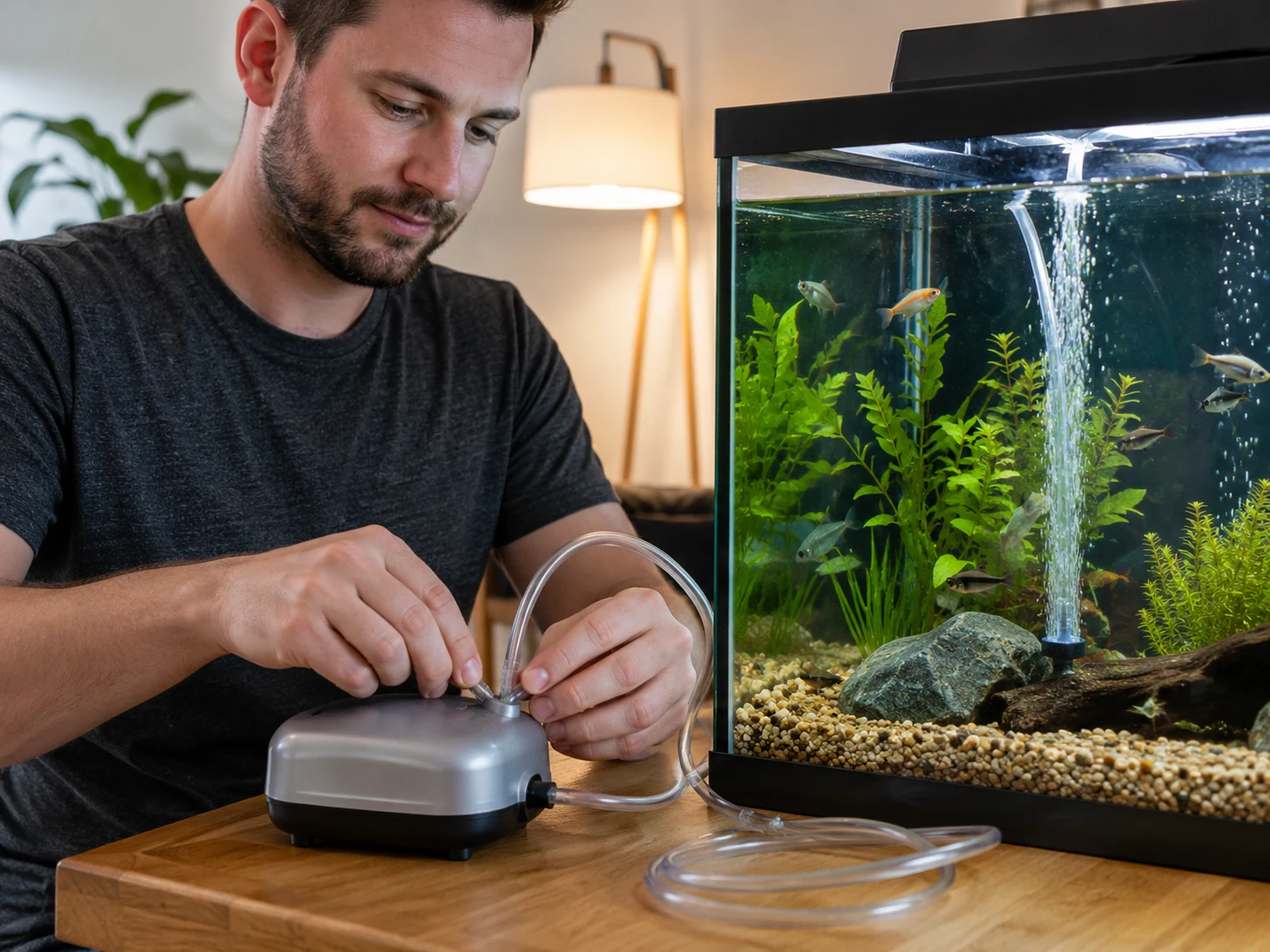 Fishkeeper setting up an aquarium air pump beside a freshwater tank