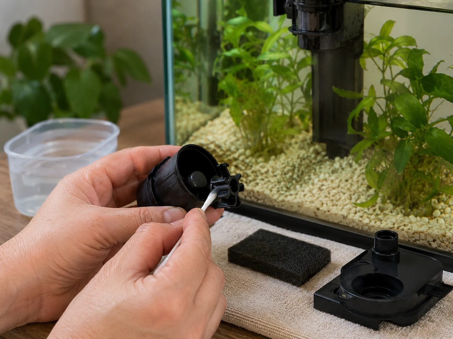 Aquarium filter impeller being cleaned during maintenance