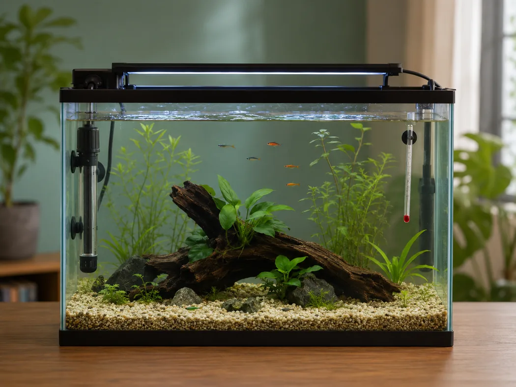 Aquarium heater and thermometer installed in a beginner freshwater tank