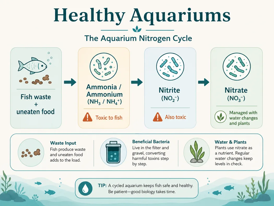 Diagram showing the aquarium nitrogen cycle from fish waste to ammonia nitrite and nitrate