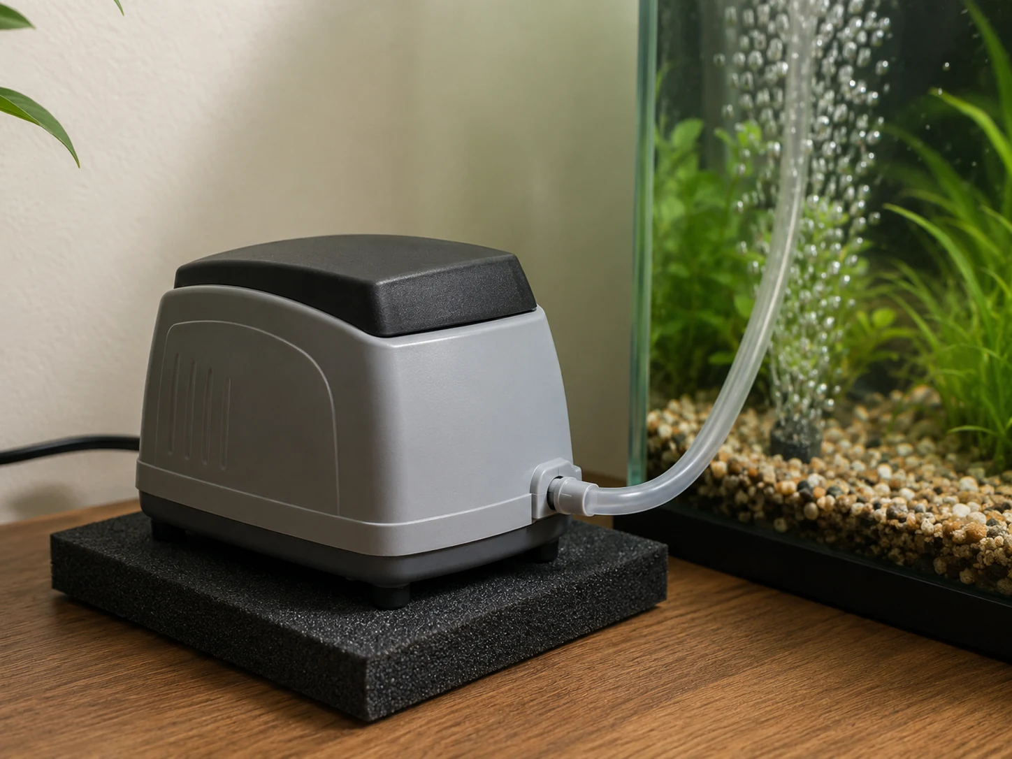 Aquarium air pump placed on a soft pad to reduce vibration
