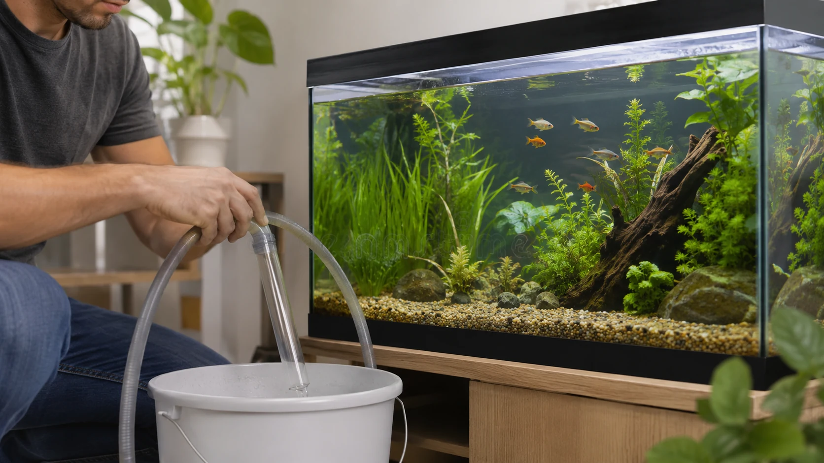 Fishkeeper doing a partial water change on a freshwater aquarium