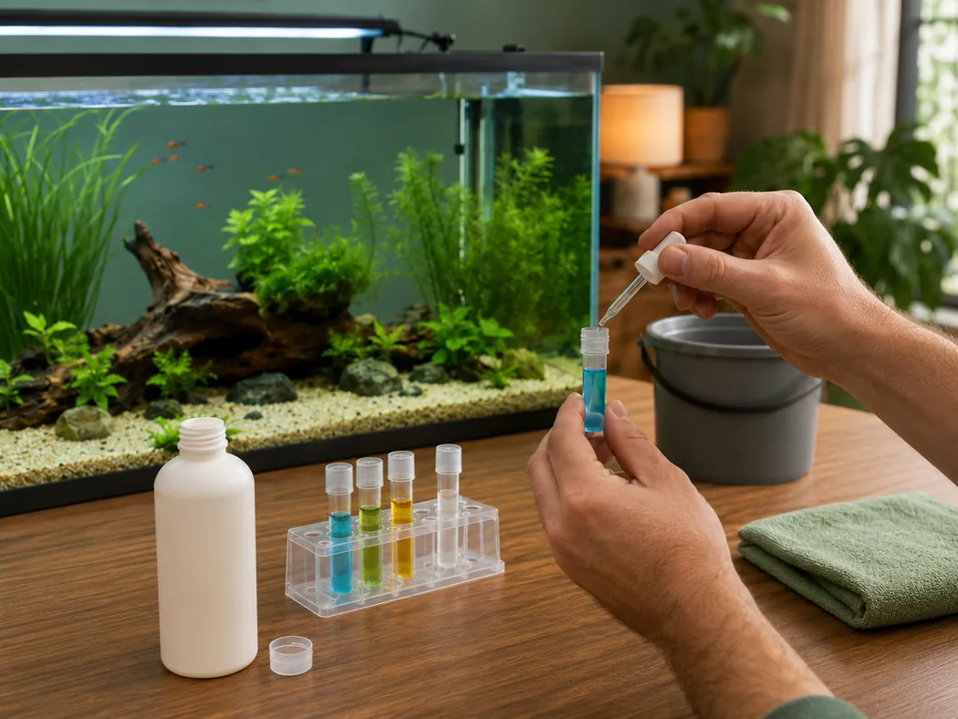 Aquarium water conditioner and liquid test kit used before adding fish