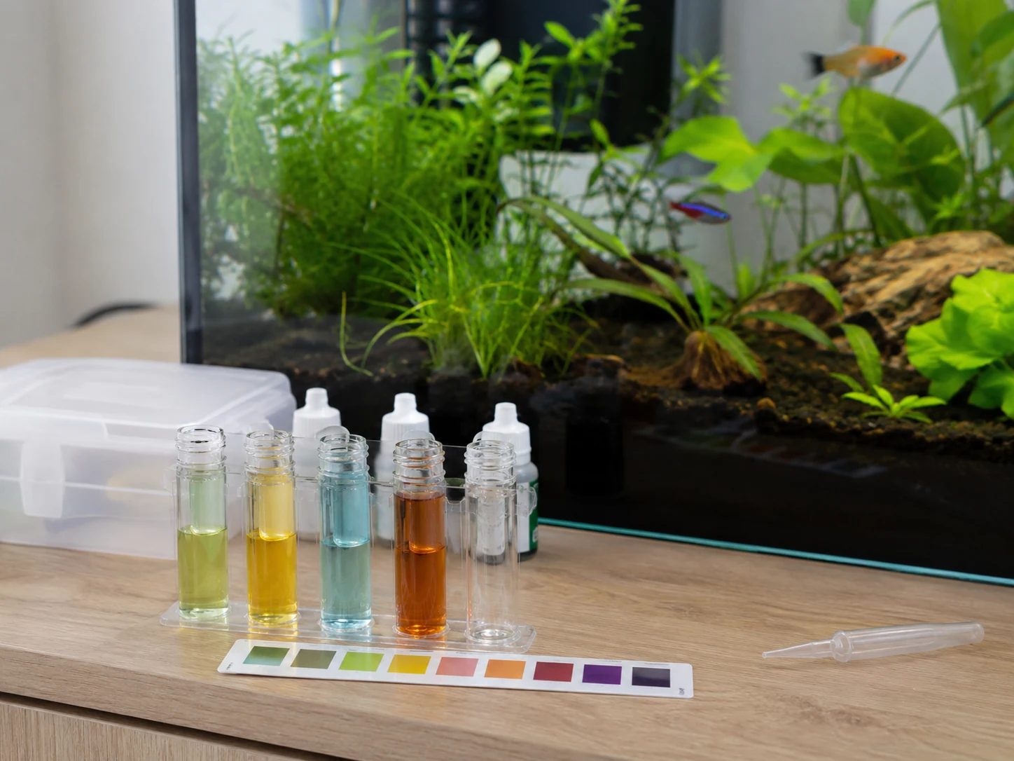Water test kit used before deciding aquarium water change schedule