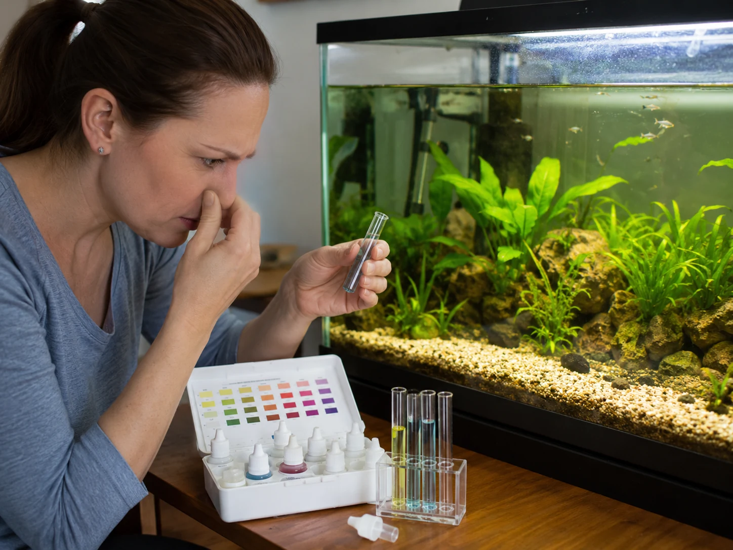 Aquarium water test kit beside a smelly fish tank