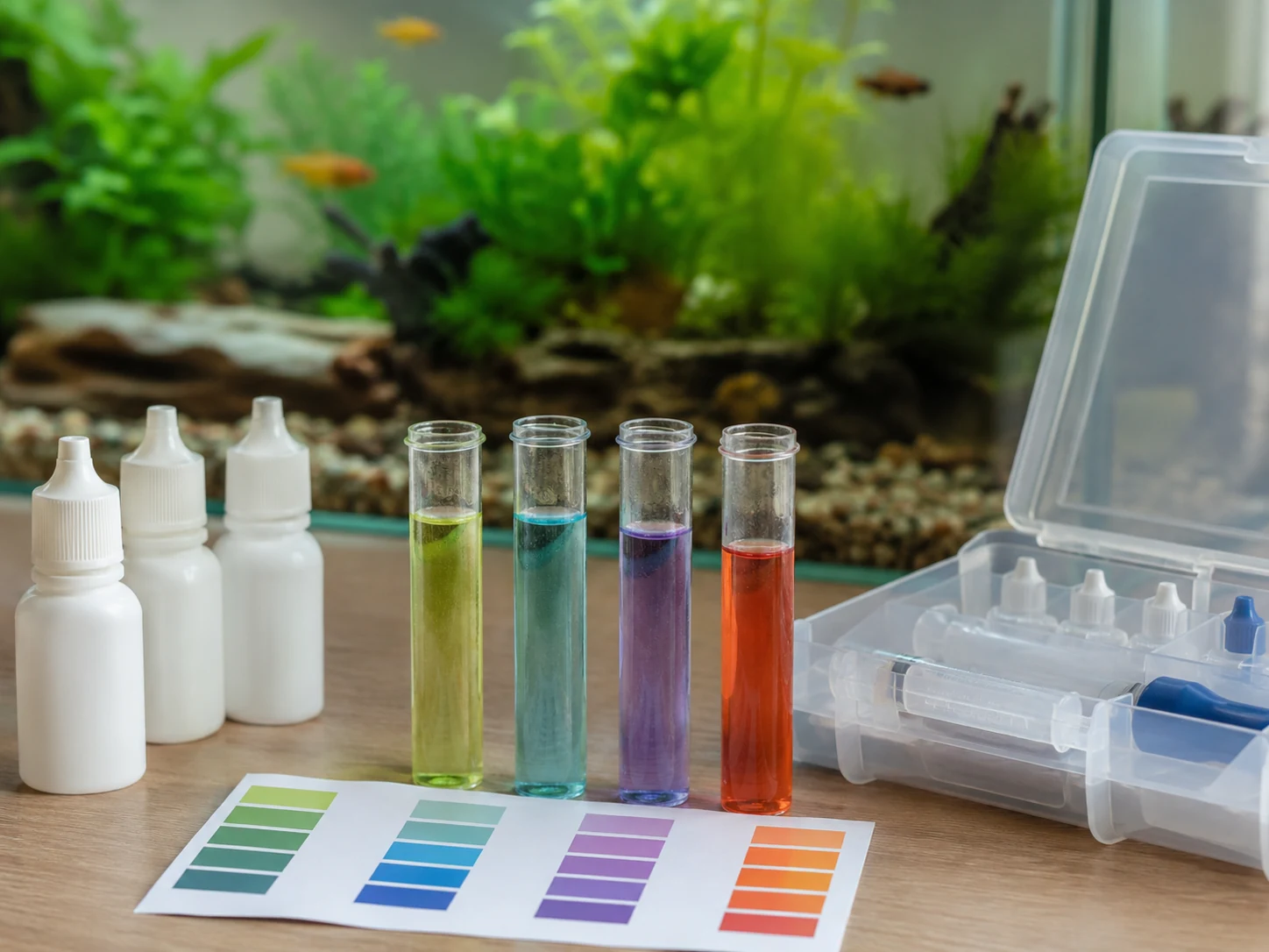 A person checking aquarium water with liquid test tubes for ammonia nitrite and nitrate