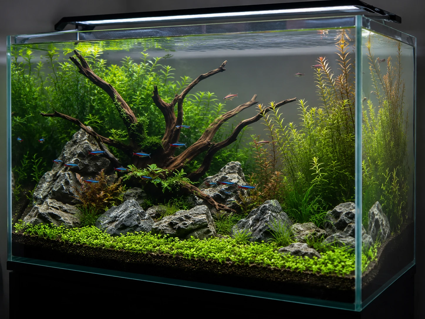 Clear balanced freshwater aquarium after algae control routine