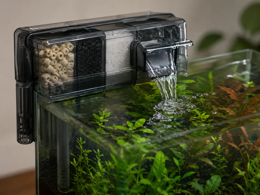 Aquarium filter with biological media running on a beginner freshwater tank