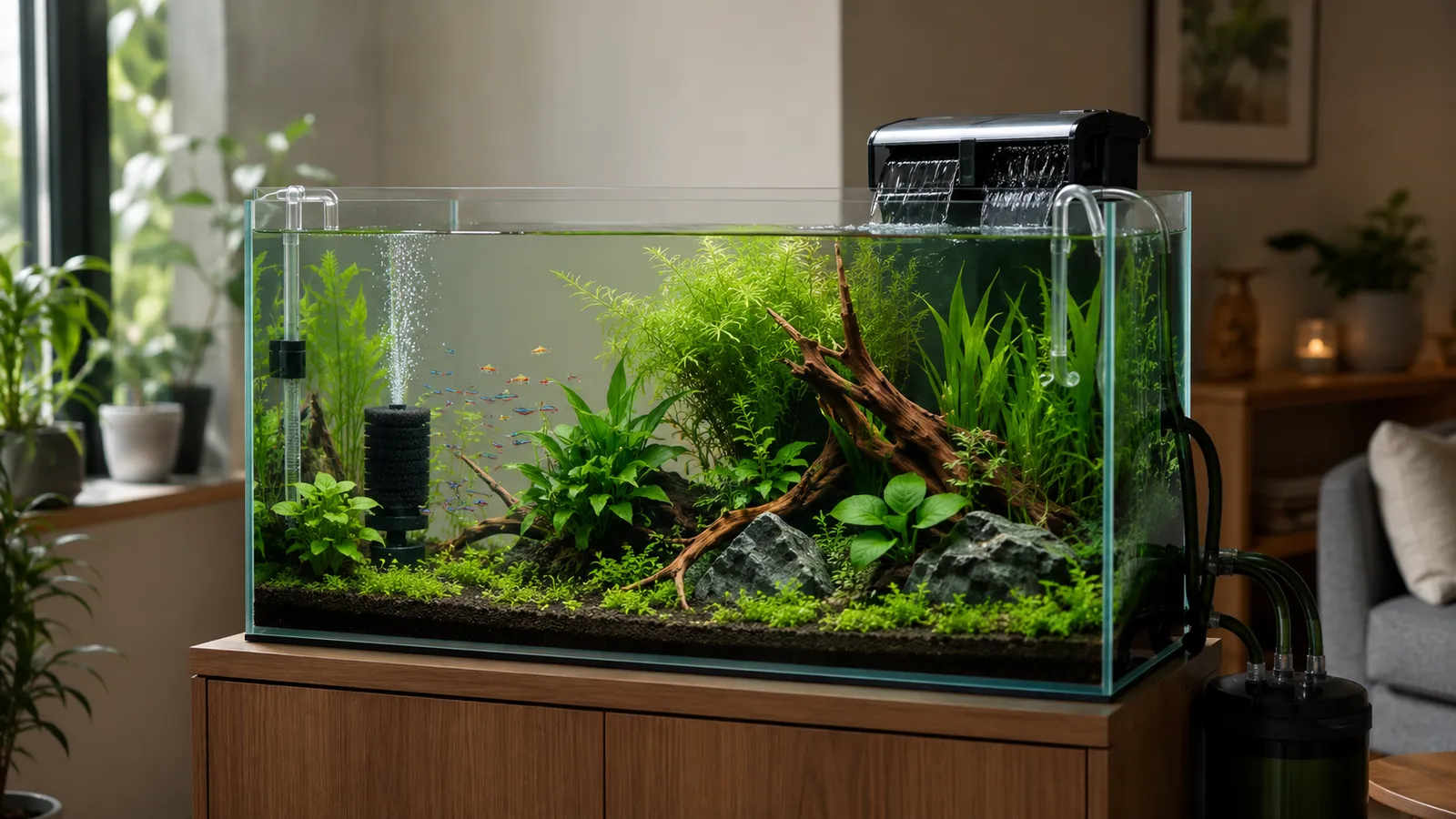 Aquarium filter setup beside a clean freshwater tank