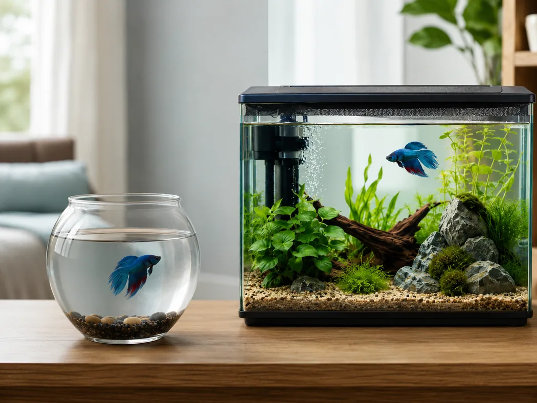 Contrast between a bare betta bowl and a proper heated filtered betta tank