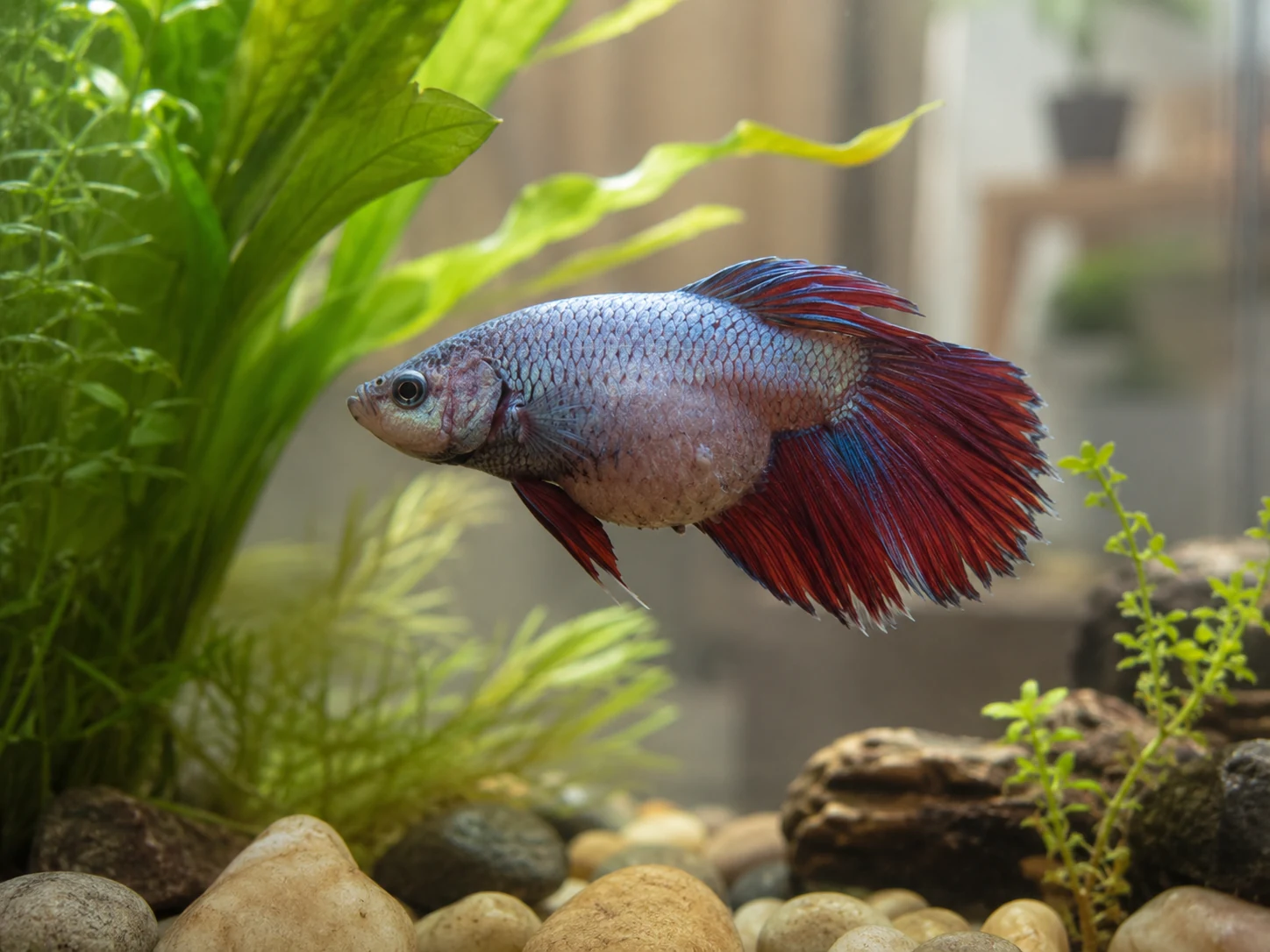 Betta fish with swollen body being observed in a clean planted aquarium
