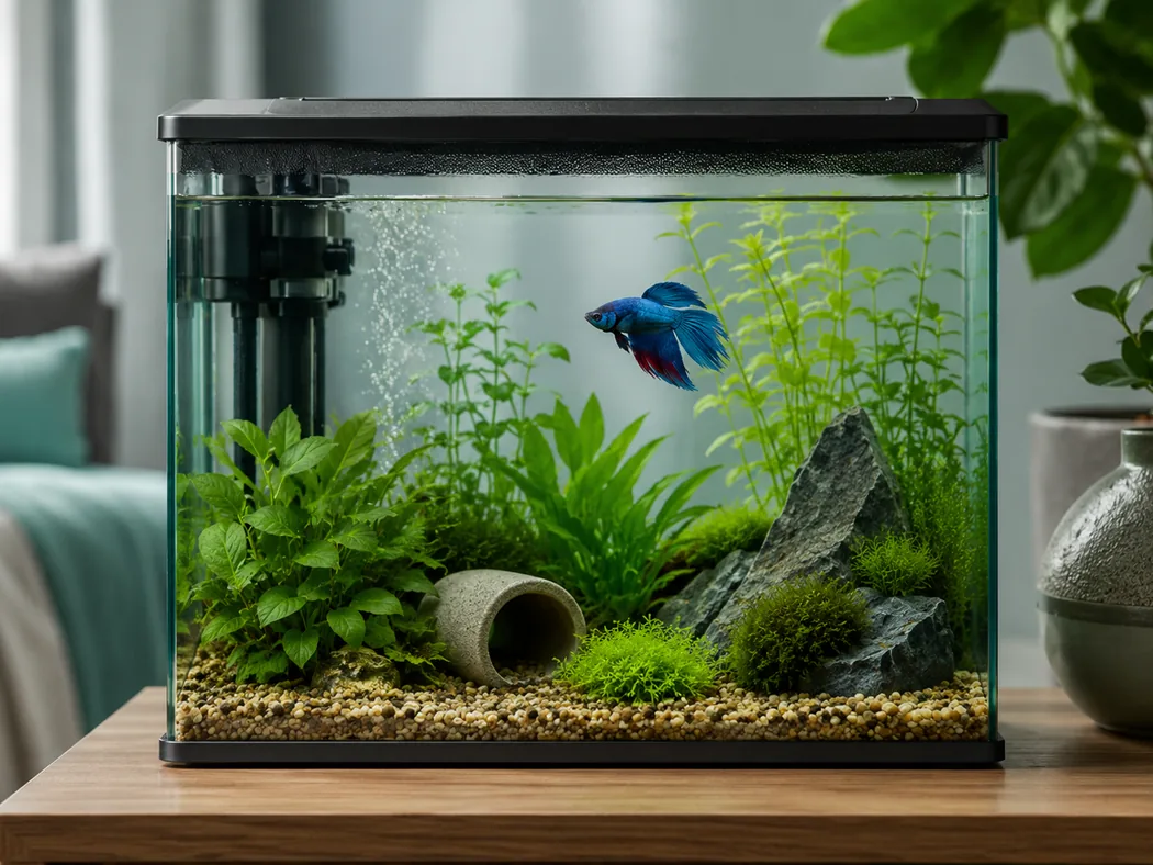Betta exploring a planted aquarium with hiding places and resting spots