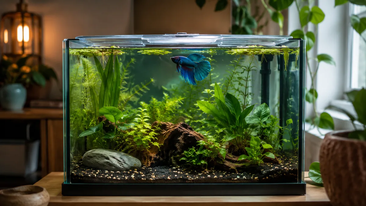 Calm planted betta tank with gentle filtration