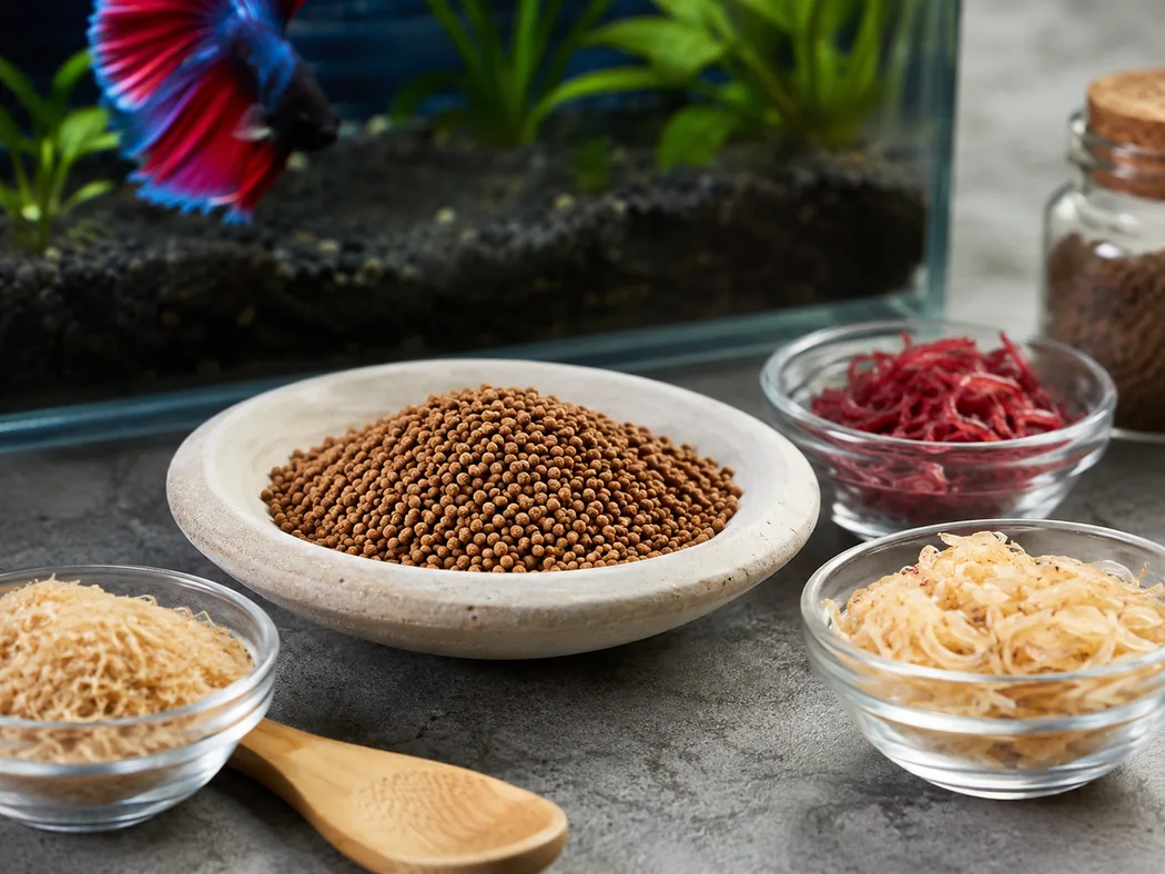 Betta fish food including pellets and occasional treat options