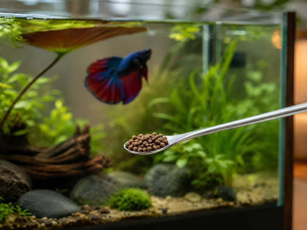 Small betta pellets shown in a controlled feeding portion