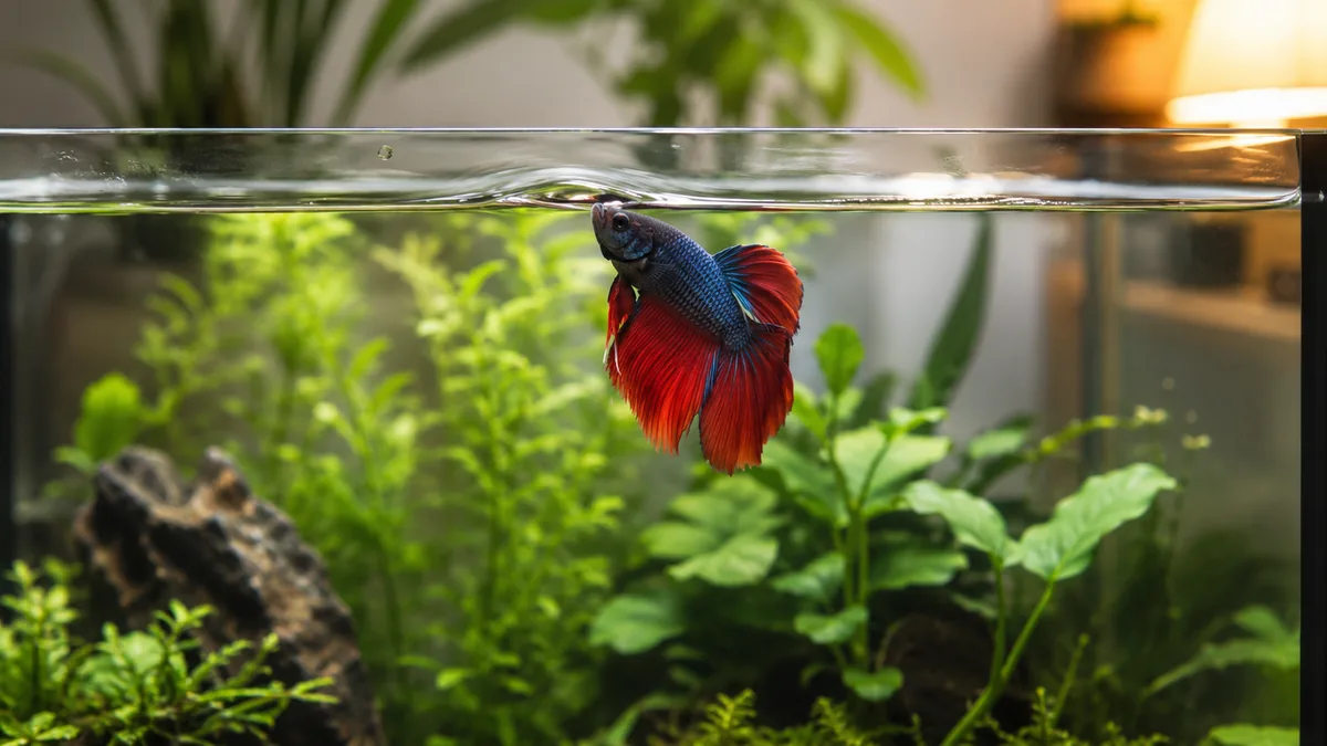 Betta fish near the water surface in a planted aquarium