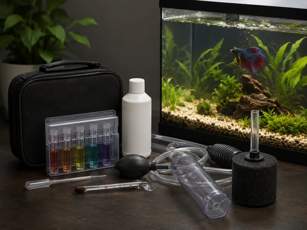 Betta gasping emergency check kit beside a planted tank