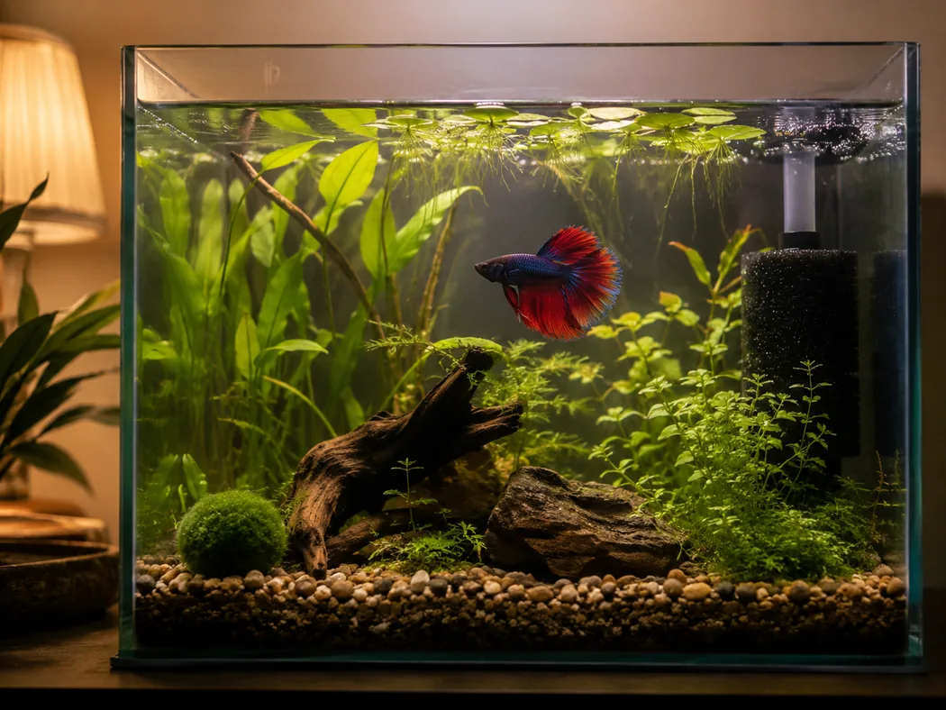 Gentle sponge filter flow in a planted betta tank