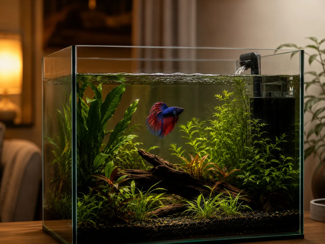 Gentle surface movement in a planted betta aquarium