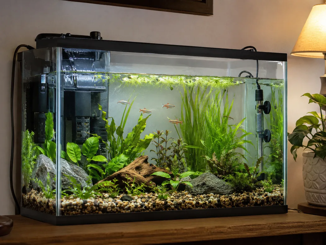 Aquarium heater and thermometer installed in a small betta tank