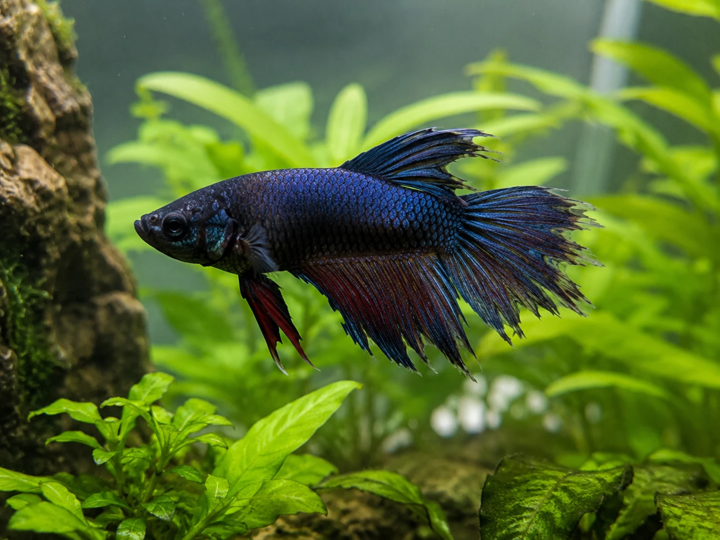 Betta fish with frayed fin edges in a planted aquarium