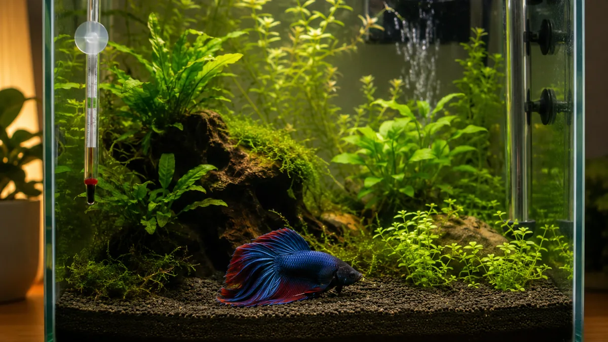 Betta fish resting low in a planted aquarium with equipment visible