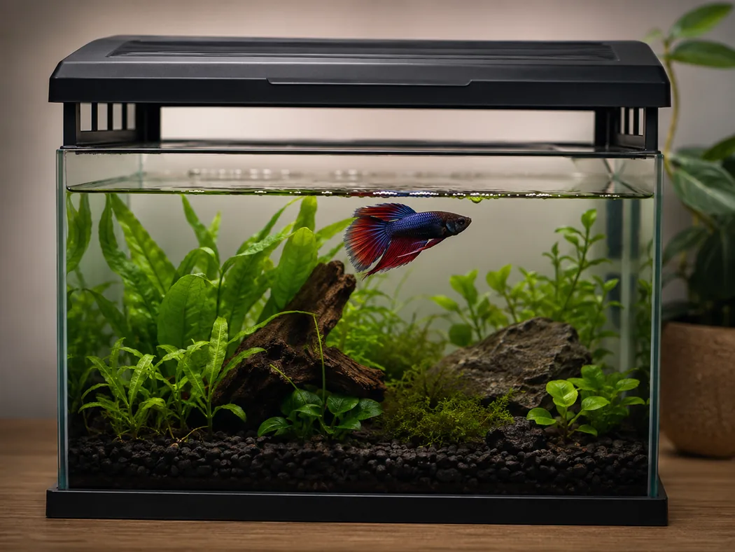 Covered betta tank with visible waterline and air gap