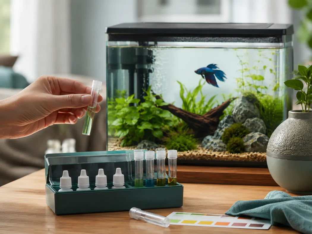 Liquid aquarium test kit beside a cycled betta tank