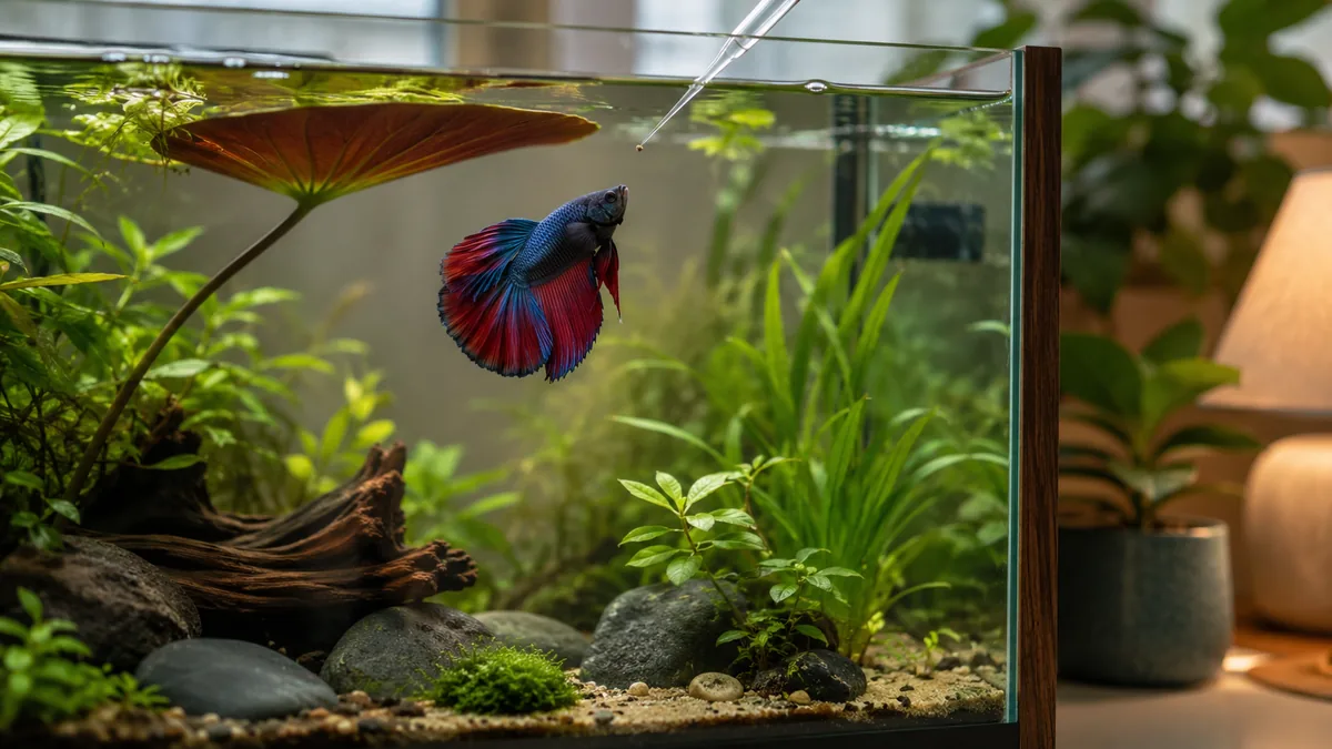 Betta fish near a small feeding cue in a calm planted aquarium