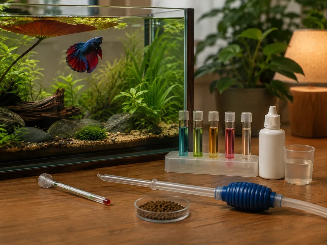 Betta not eating troubleshooting tools beside an aquarium