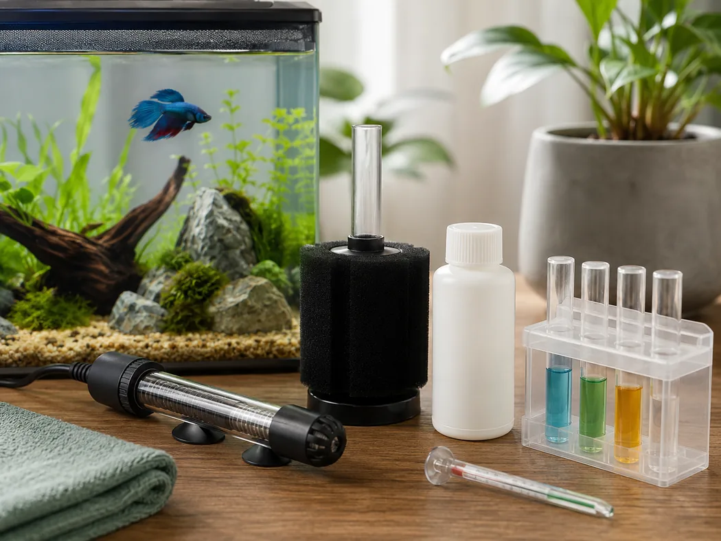 Betta tank essentials including heater, sponge filter, thermometer, water conditioner, and liquid test kit