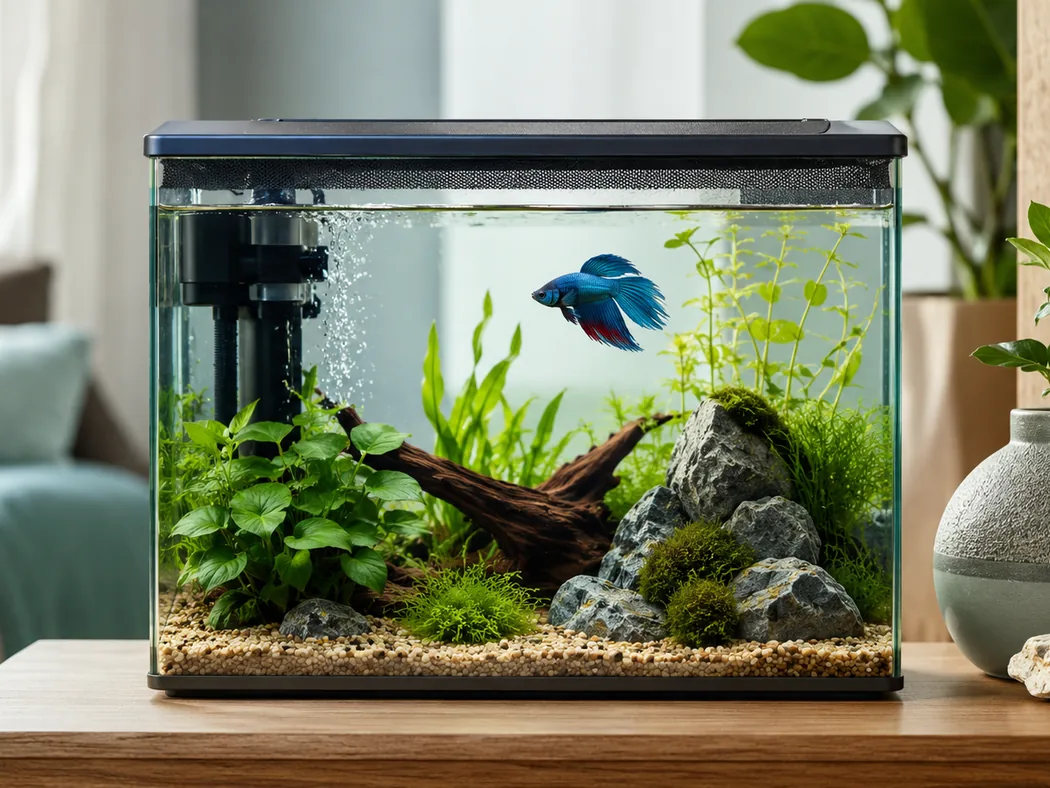 Calm planted betta tank with lid and gentle sponge filtration