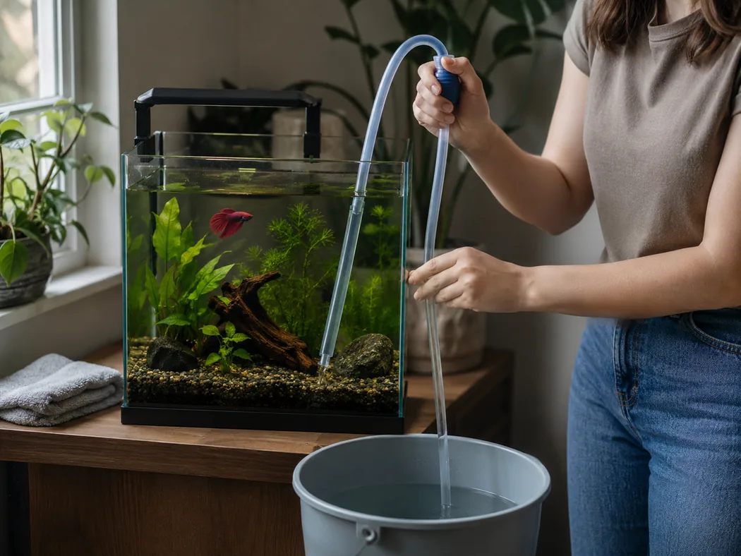 Partial water change in a betta aquarium using a siphon