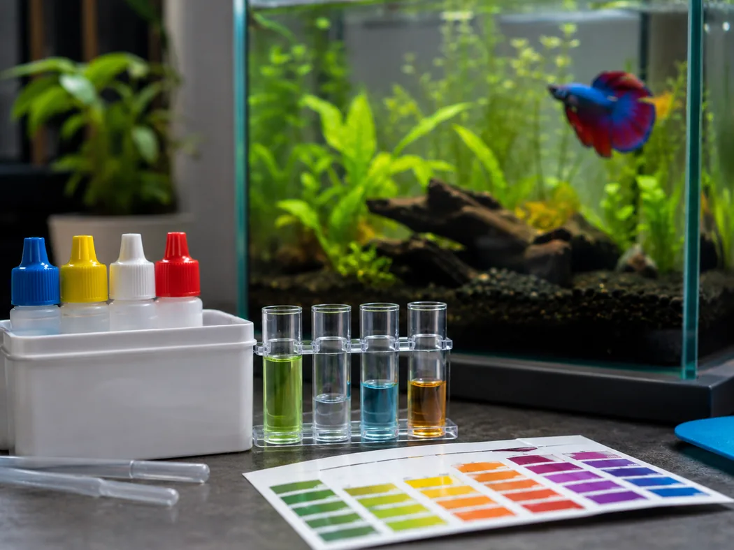 Liquid aquarium test kit beside a betta tank