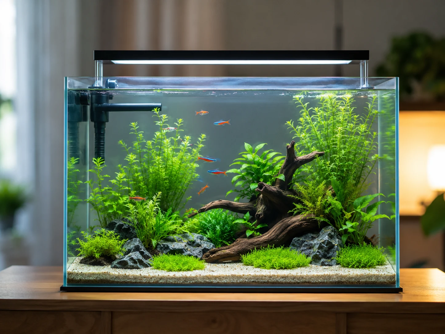 Clean healthy freshwater aquarium with clear water and no odor