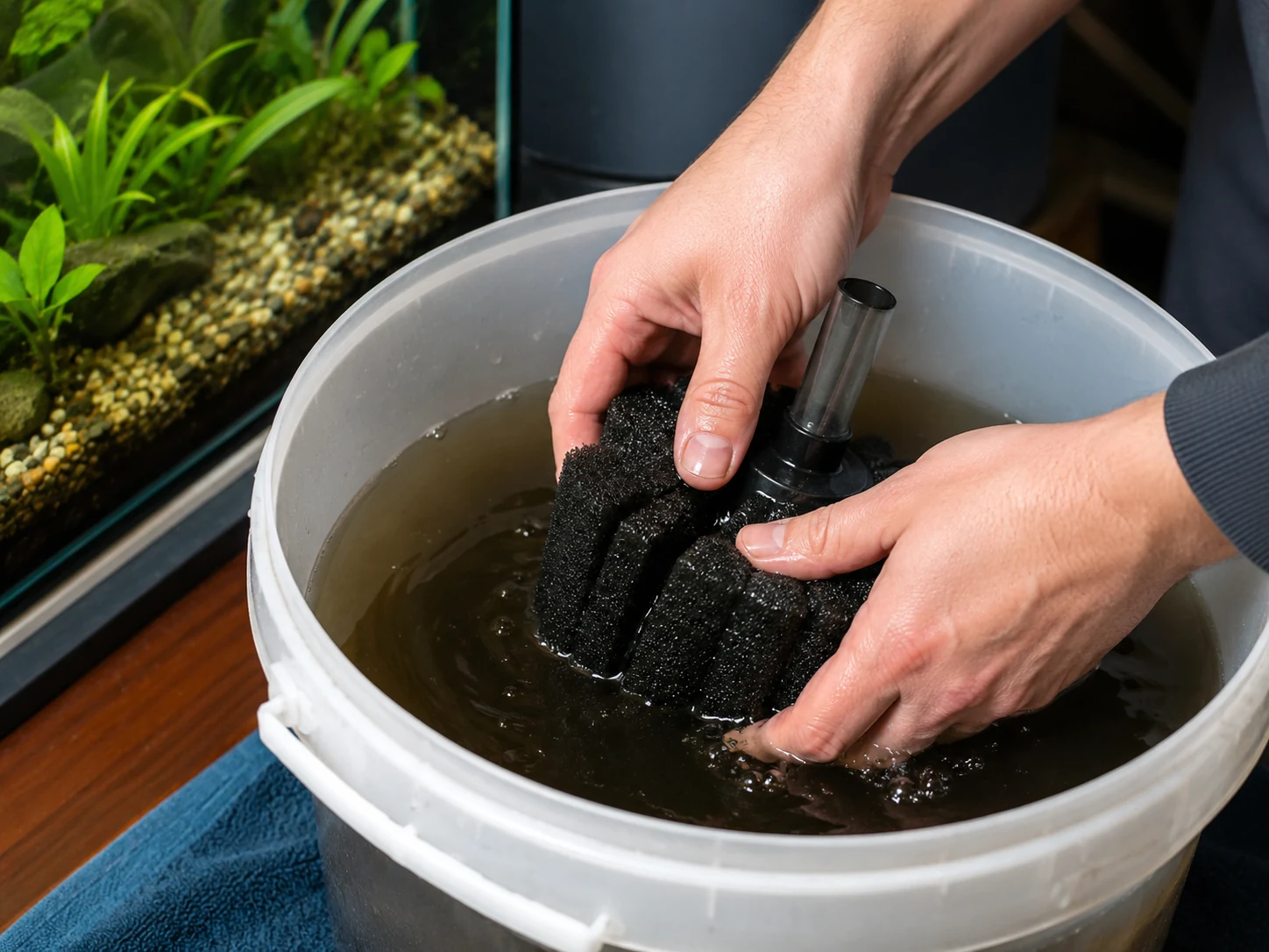 Aquarium filter sponge being rinsed gently in old tank water