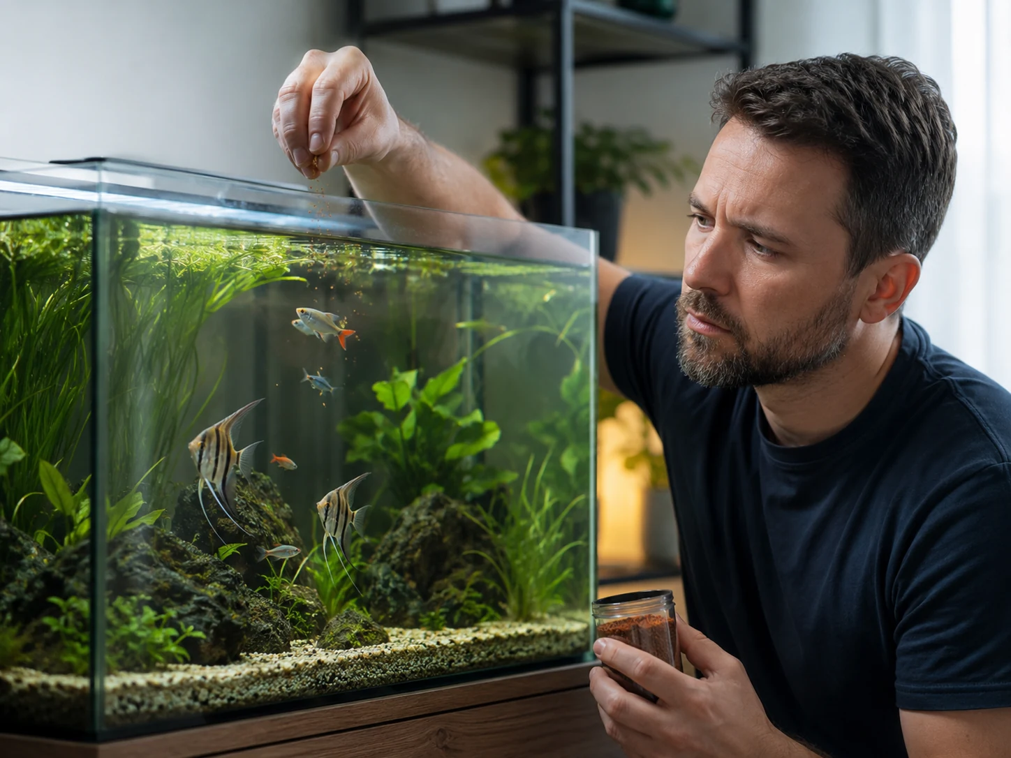 Fishkeeper watching aquarium fish refusing food