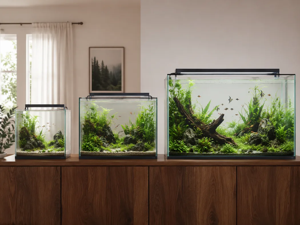 Three common freshwater aquarium sizes shown side by side