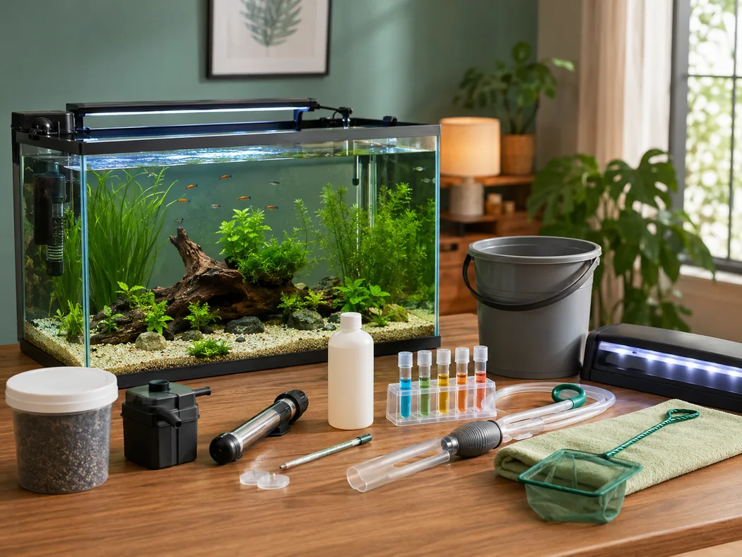 Beginner freshwater aquarium checklist supplies beside a clean tank