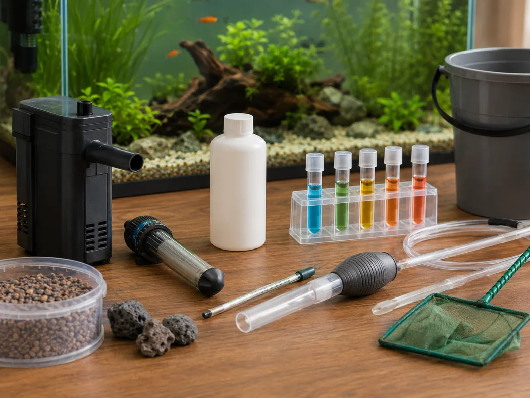 Essential beginner aquarium supplies beside a clean freshwater tank