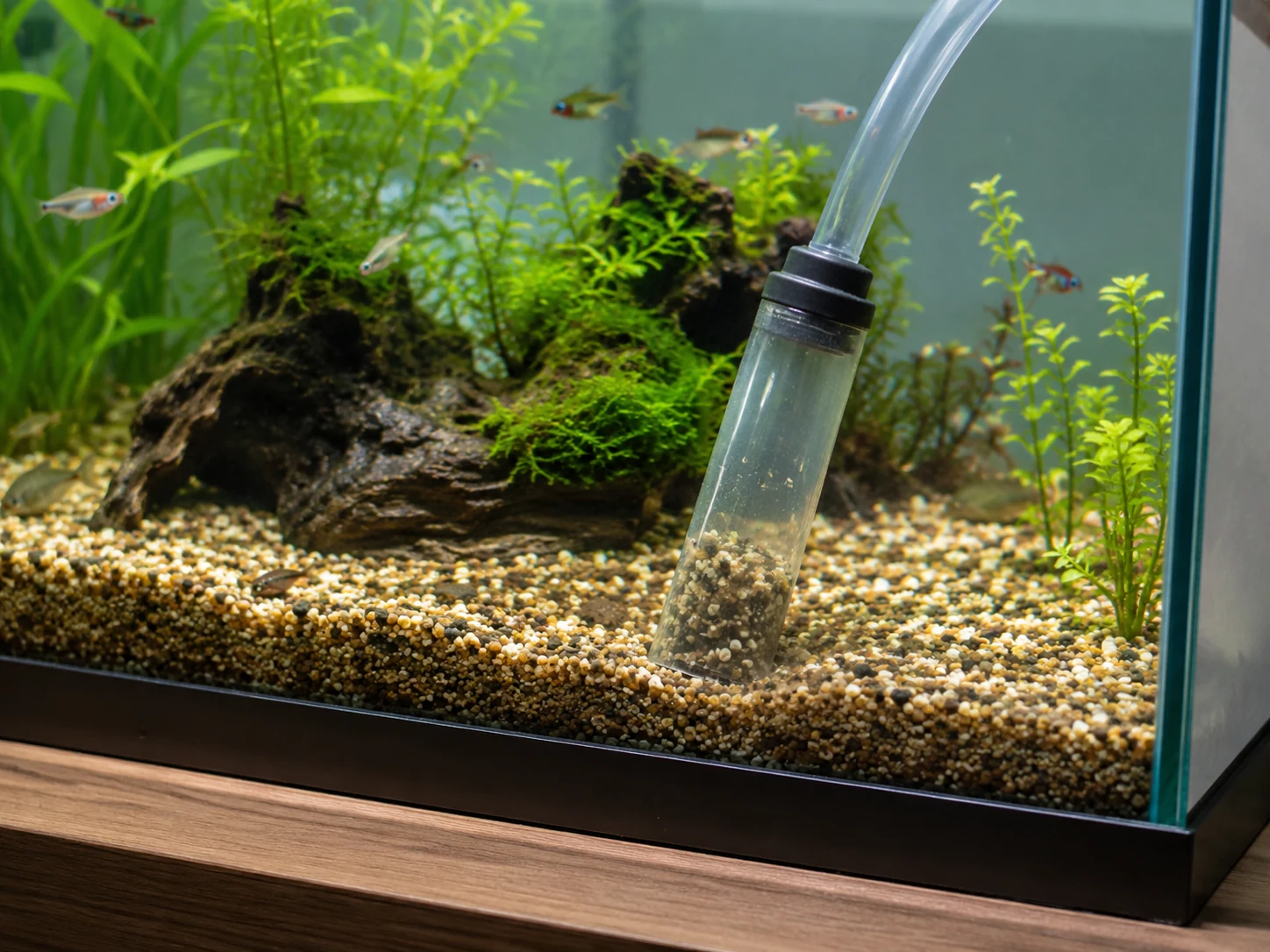 Gravel siphon cleaning aquarium substrate in small sections