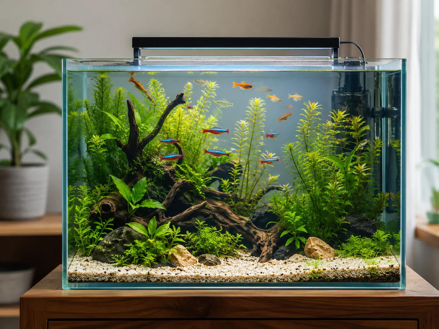 Clear healthy freshwater aquarium after a safe water change routine