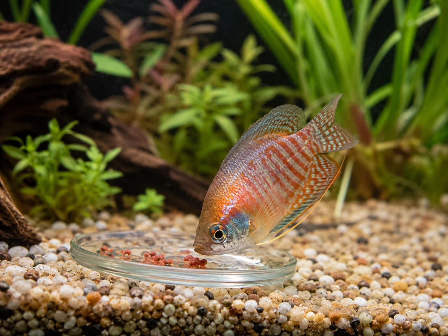 Healthy freshwater fish eating normally in a clear aquarium