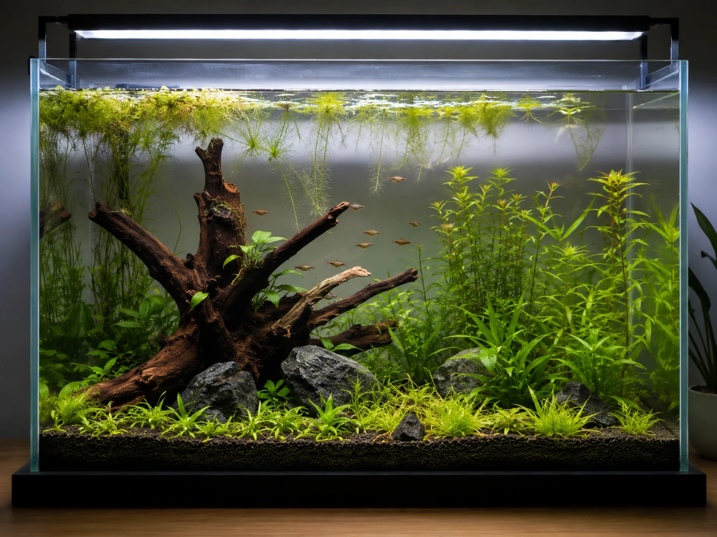 Healthy low-tech planted aquarium with fish and stable clear water