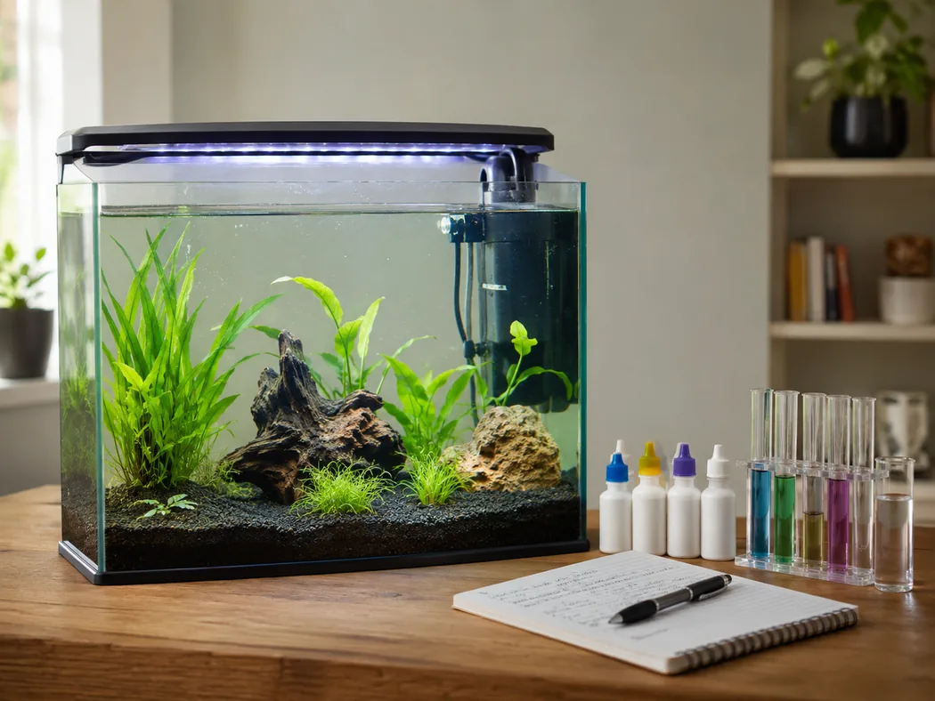 Cycling aquarium setup with liquid test kit and notebook