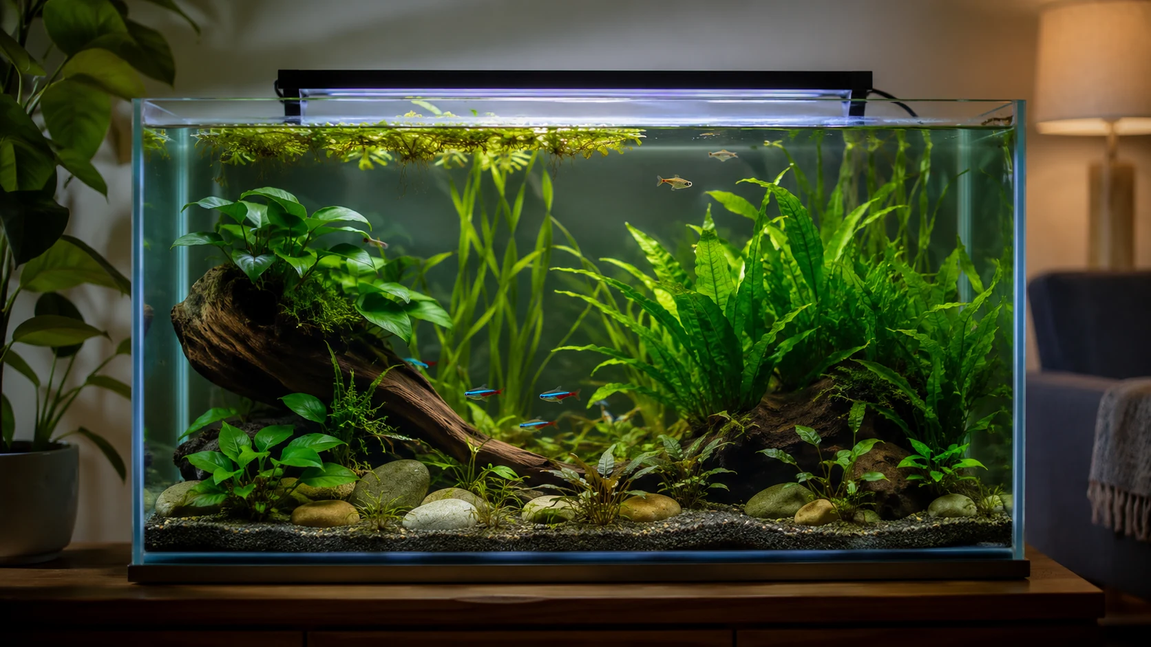 Low-tech planted aquarium with easy green plants, driftwood, and clear water